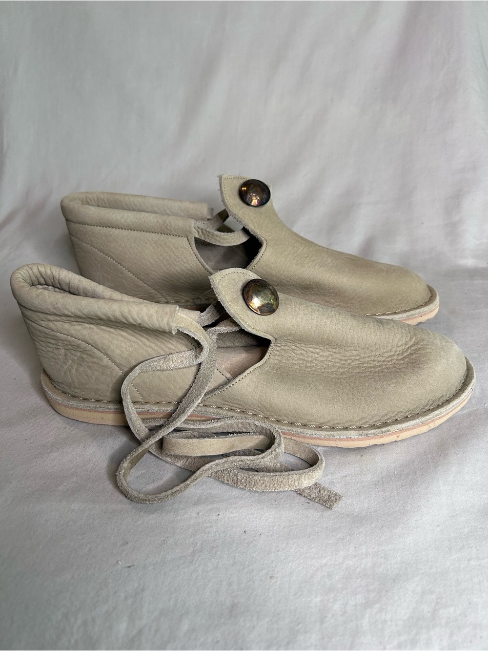 Women’s Suede Ankle Booties in Light Beige with Button Detail